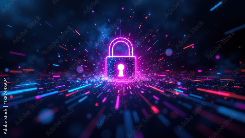 Poster a digital illustration featuring a padlock at its center with vibrant, rainbow-colored particles exp