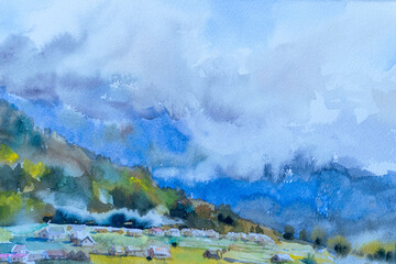 Travel rural village scenery farm landmarks in Thailand. Watercolor landscape original paintings.