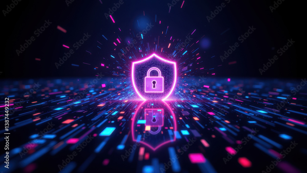 Poster cybersecurity lock shield glowing on neon abstract background with colorful streaks and lights.