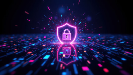 Cybersecurity lock shield glowing on neon abstract background with colorful streaks and lights.