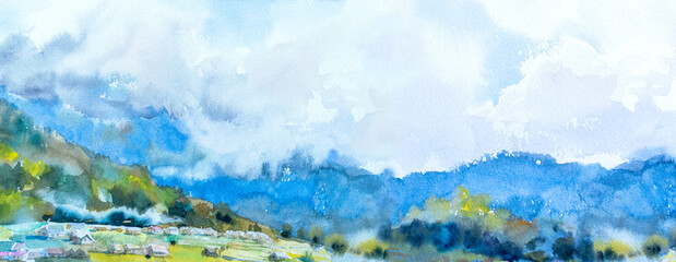 Watercolor landscape original paintings on paper colorful of Village cottage, rice field, farmer farm with mountain and sky, cloud background.