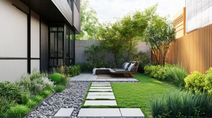 Obraz premium A modern townhouse with a small private garden, complete with minimalist landscaping and a cozy outdoor seating area.