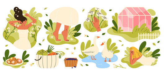 Cottagecore lifestyle set. Cozy rural life, barefoot walks, gardening, homemade food, soft feminine. Harmony with nature vibe. Slow living, relaxing countryside aesthetic. Isolated vector illustration