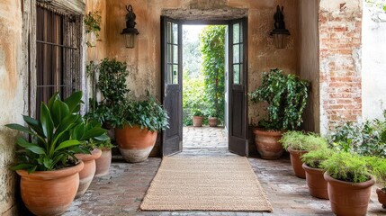 Fototapeta premium Woven rug in rustic entryway with clay pots and wood elements surrounding the space