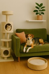Dog on sofa next to cat in cat tree in cozy pet-friendly living room