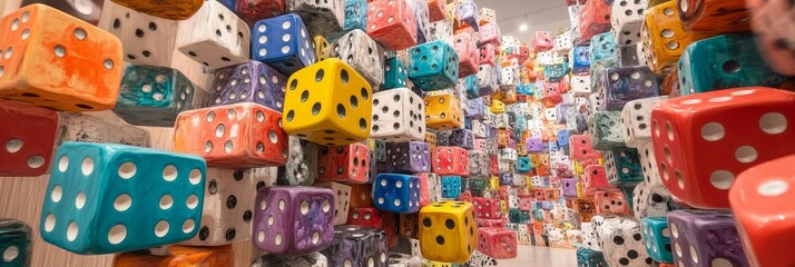 Fototapeta premium Many colorful dice with white dots are scattered randomly in