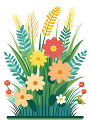 Flat Flowers And Grass Against A White Background