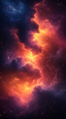 Fototapeta premium Vibrant Cosmic Nebula Mobile Wallpaper Swirling Orange & Purple Clouds on Dark Starry Background | Vertical HD Design