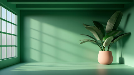 Bright Green Living Room with Sunlight and Potted Plant