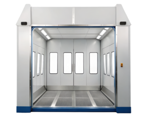 Modern spray booth with bright interior lighting on a transparent background