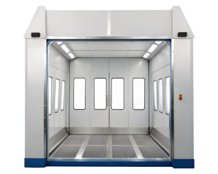 Modern spray booth with bright interior lighting on a transparent background