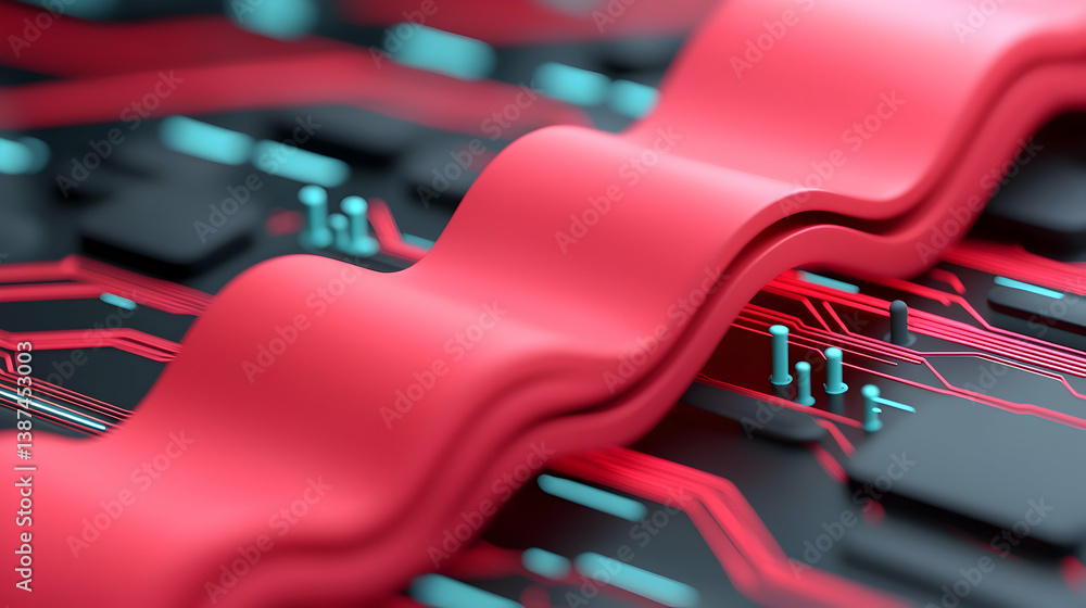 Poster abstract red wave on circuit board digital background