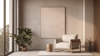 Mock up de tableau avec un fauteuil et décorations. Élégant, simple. Décoration, lumières douces. Pour conception et création graphique.