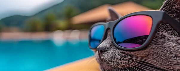 A relaxed cat wearing sunglasses lounging by a serene poolside on a sunny day
