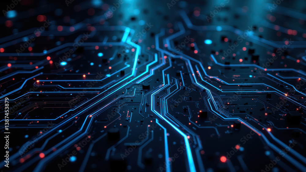 Poster advanced cybersecurity concept with intricate blue circuit board against a dark background, represen