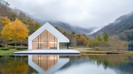 Fototapeta premium Modern minimalist house on a tranquil lake, nestled amidst autumn foliage