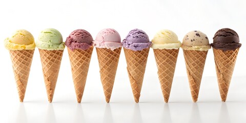 Assortment of ice cream cones in various flavors lined up on a white surface in a studio shot