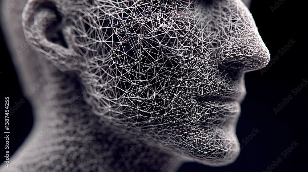 Poster abstract portrait of a face, rendered in a detailed network of tiny particles against a dark backgro
