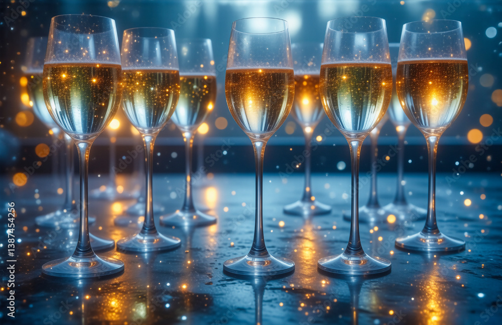 Poster Champagne glasses in a row are filled with golden bubbly liquid, creating a festive and celebratory mood. Bokeh lights and sparkles add an elegant touch with blue and gold tones.