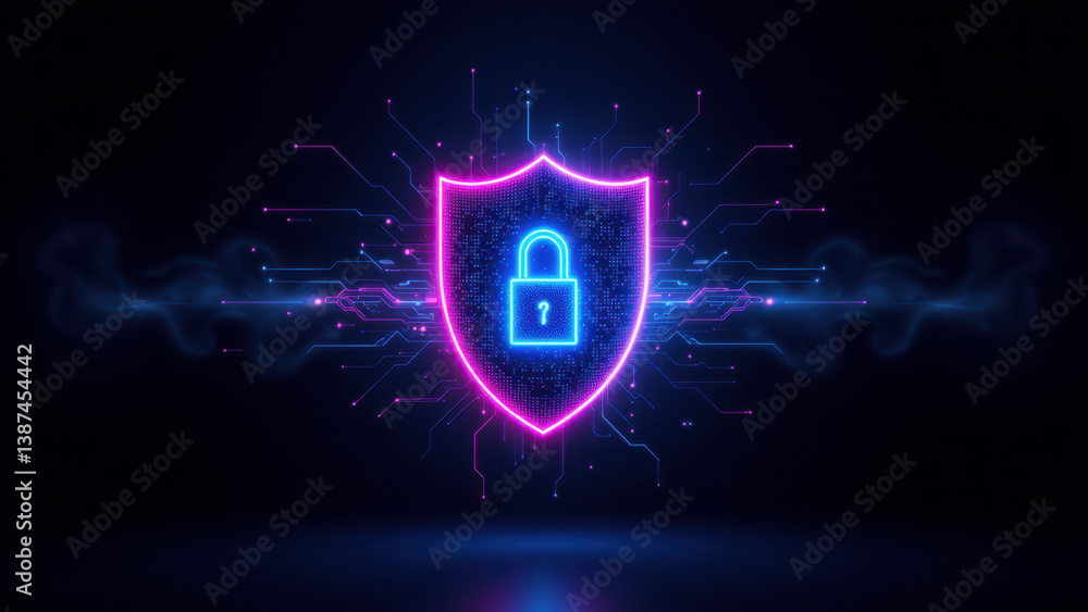 Poster cybersecurity shield with a digital network background.
