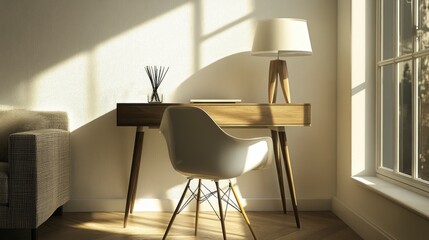 A sunlit loft area in a modern townhouse, featuring a minimalist desk and an accent chair.