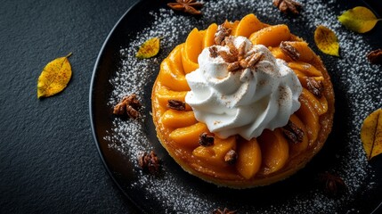 An American-style pumpkin pie with whipped cream. Featuring warm and spiced flavors