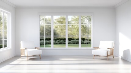 Fototapeta premium Minimalist white living room interior featuring two elegant armchairs next to a large window overlooking a sunny green garden.