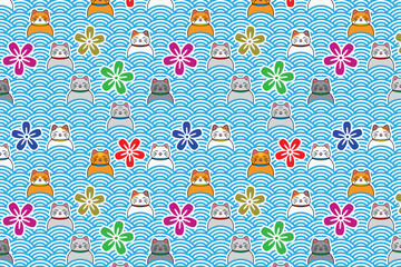 Seamless pattern of cute smiling cat background with blue Japanese wave pattern and flower drawing in colorful cartoon vector