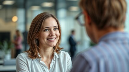 Female manager smiles while interviewing applicants in the office