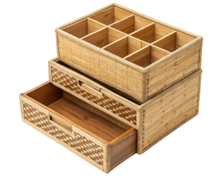 Stackable storage baskets with multiple compartments on a transparent background