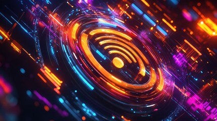Glowing Wifi symbol in futuristic digital circuit.
