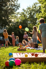 Vibrant Backyard Scene of Laughter and Fun with Games for All Ages in a Sunlit Setting