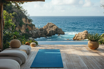 A yoga and meditation space overlooking the ocean. A fitness mat is laid out on the terrace by the sea.