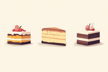A set of vintage-style sweet cake illustrations, including cheesecake, tiramisu, and mousse cake, elegant and detailed vector artwork, stock vector