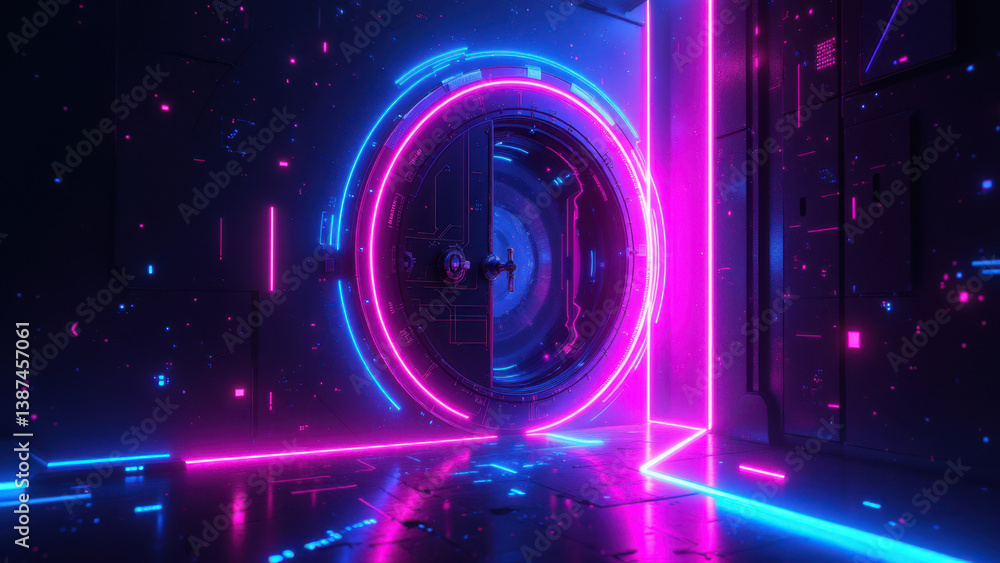 Poster cybersecurity tunnel entrance with neon lights for secure data access.