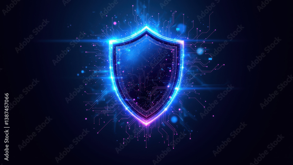 Poster a dynamic digital shield with cybernetic elements against a dark background, symbolizing internet se
