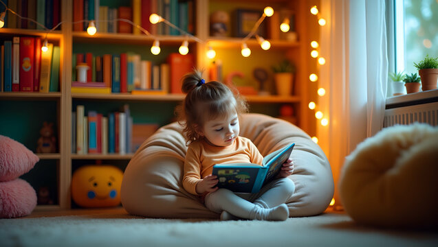 A delightful childrens reading corner showcasing a young girl engrossed in a book surrounded by cozy cushions, warm fairy lights, and inviting bookshelves filled with colorful books