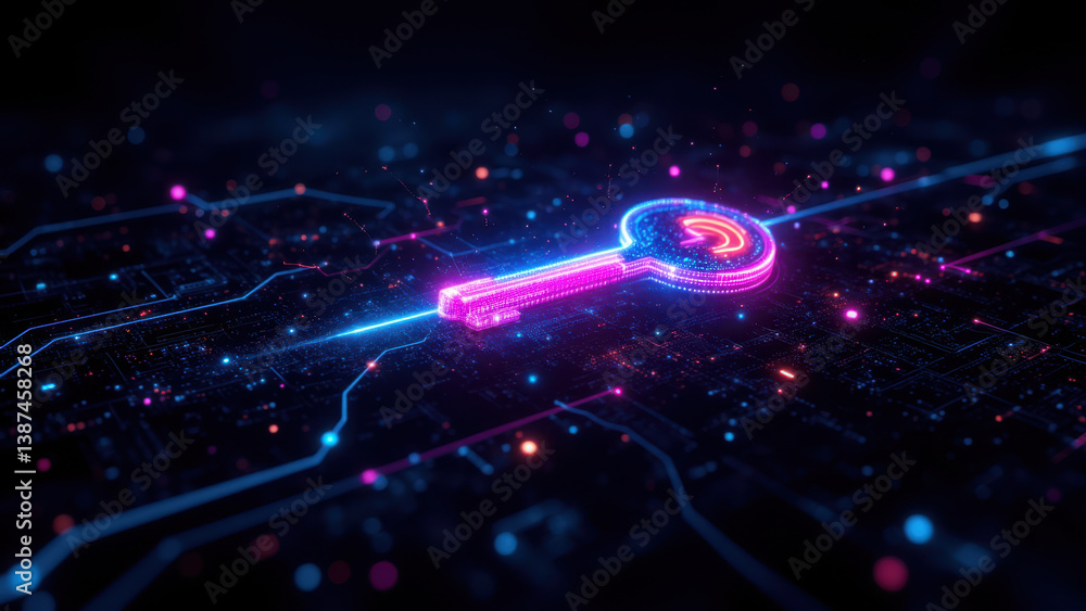 Poster futuristic digital cyber key with circuit board pattern, representing secure online access.