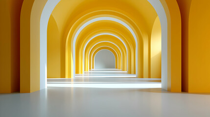 Fototapeta premium Bright Yellow Hallway With White Archways and Sunlight