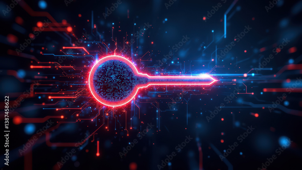 Poster cybersecurity key with digital network background.