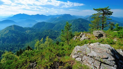 Majestic Mountain Panorama: A Breathtaking View of Verdant Peaks and Lush Forests