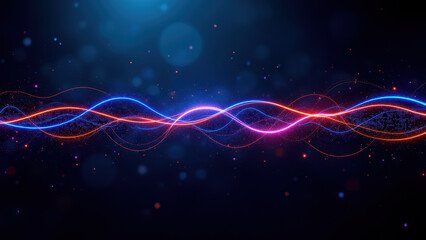 Futuristic digital cyber wave with glowing lights against dark backdrop.