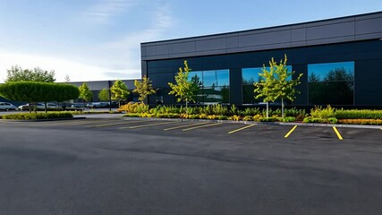 Modern commercial building exterior with landscaped parking lot in a clean environment