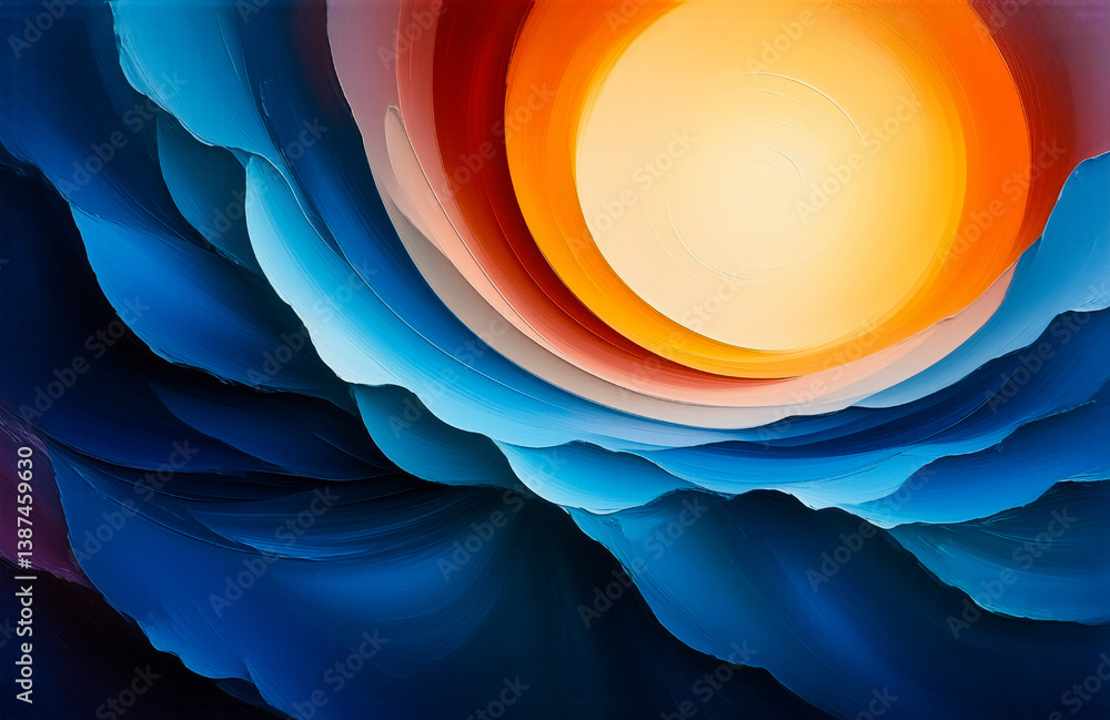Poster abstract design with swirling layers of blue and orange hues creates a vibrant and dynamic compositi
