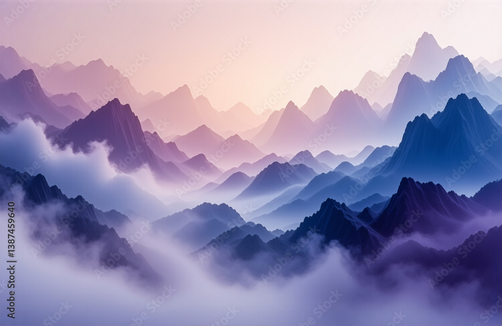 Poster a misty mountain range displays layers of peaks fading into the distance, showcasing a serene landsc