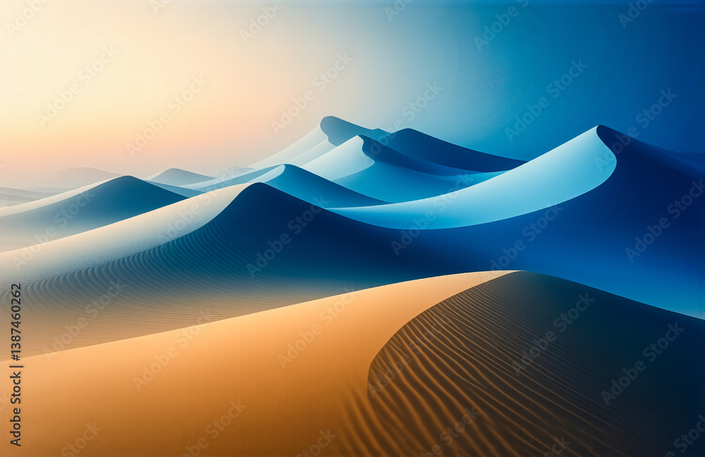 Poster abstract desert landscape featuring smooth sand dunes that transition from warm golden hues in the f