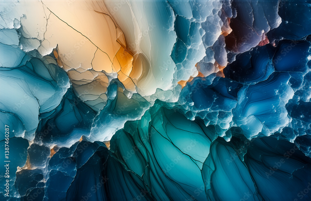 Poster abstract aerial view with flowing shapes, blue, teal, orange, and white colors creating depth and te