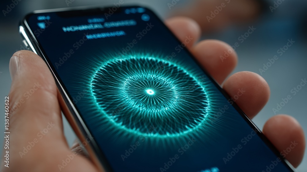 Aufkleber close up of a hand holding a smartphone displaying a teal circular digital pattern.