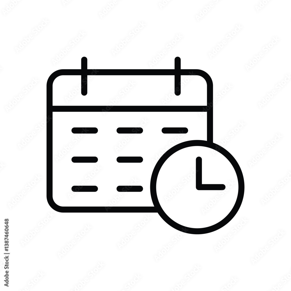 Poster calender with clock icon, scheduling line icon vector