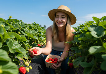young woman picking a berry